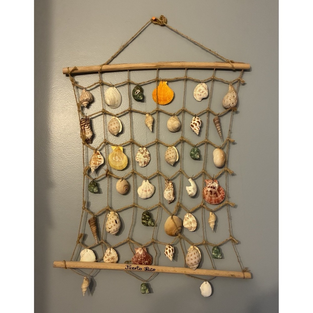 Beach Seashell Grid Wall Hanging Decor Ocean Boho Farmhouse  Coastal Wood Rope